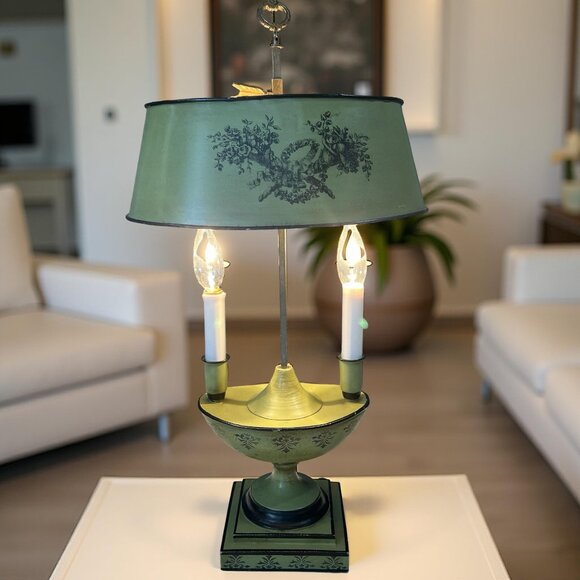 French Empire Brass Bouillotte Style Lamp Green & Gold Metal Shade Made in Italy